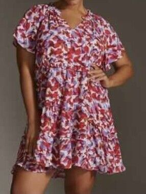 Anthropologie Floral Red-purple-Robin Tiered-ruffle -Mini Dress V-neck..size:1X